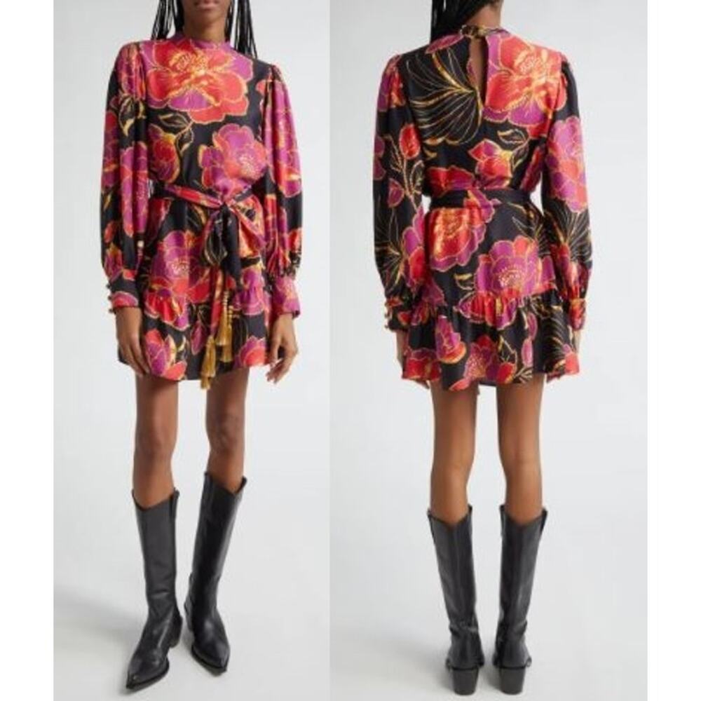Farm Rio Shiny Chita Floral Print Long Sleeve Minidress Tiered Black Size Small - Picture 1 of 9